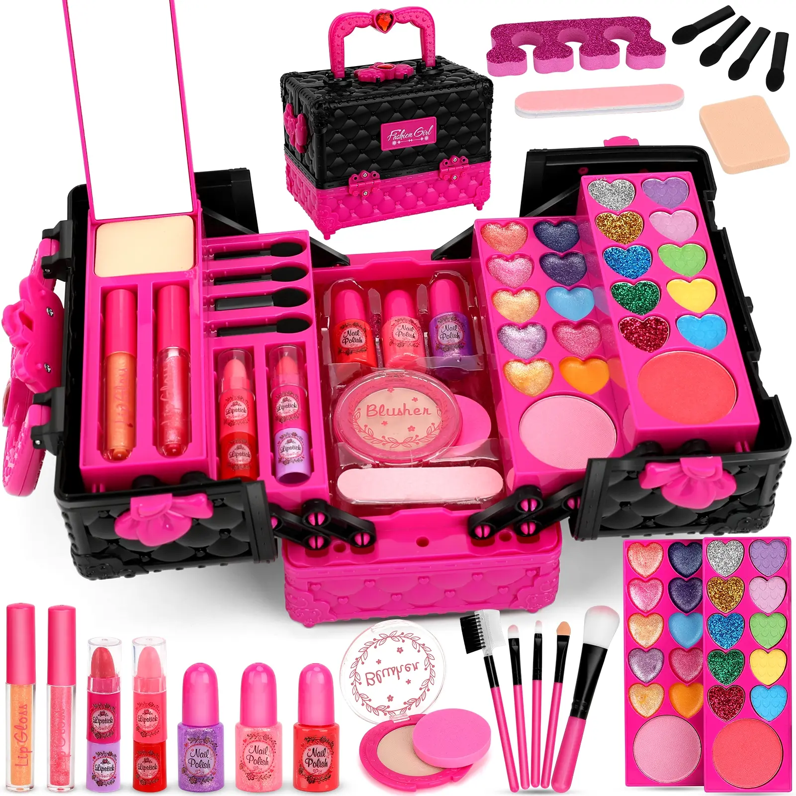 45 Pcs Washable Kids Makeup Kit, Non-Toxic Safe Real Makeup Toy Set Playset for Little Girls, Princess Dress Up Pretend Play Toys, Ideal Christmas Birthday Holiday Gifts for 3 4 5 6 7 8 9 10 11 12 Year Old Girls ( 6.4in x4.3in x4.53in)