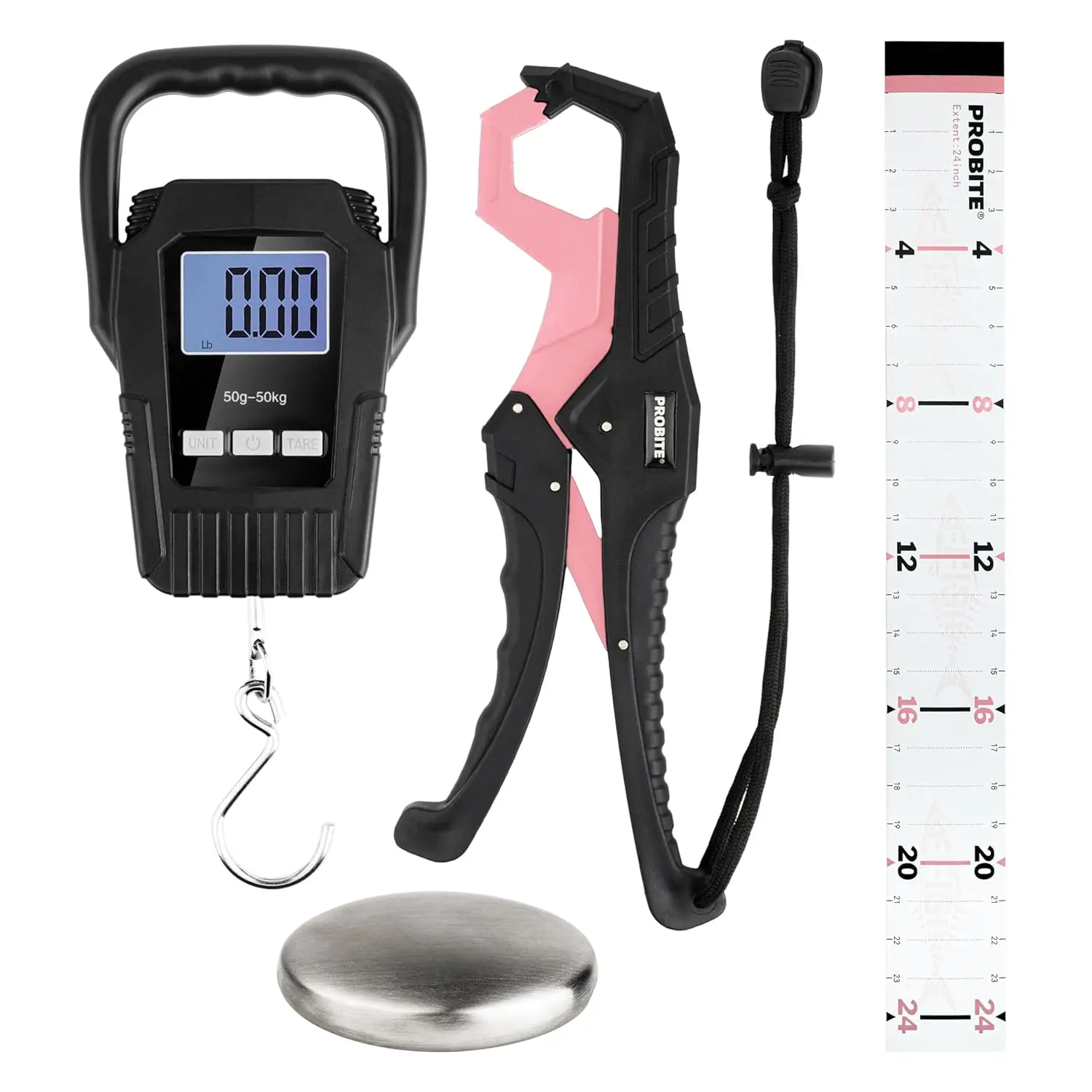 Durable Fishing Tackle Kit - Angling Supplies with Fish Gripper, Portable Fish Scale, Stainless Steel Soap, Measuring Ruler, Saltwater-Resistant Fishing Supplies for Quick Limit Checks (4, Black & Pink), Durable Fishing Gear