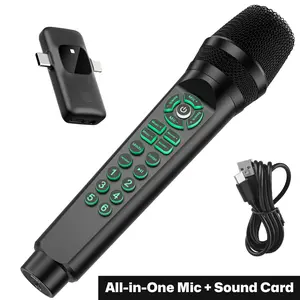 Karaoke Microphone with Built-in Sound Card - Bluetooth 5.0 Wireless Mic for Phone/Computer, Voice Changer, Noise Cancellation, Ideal for Karaoke, Singing, Live Streaming (Type-C/Lightning Compatible)
