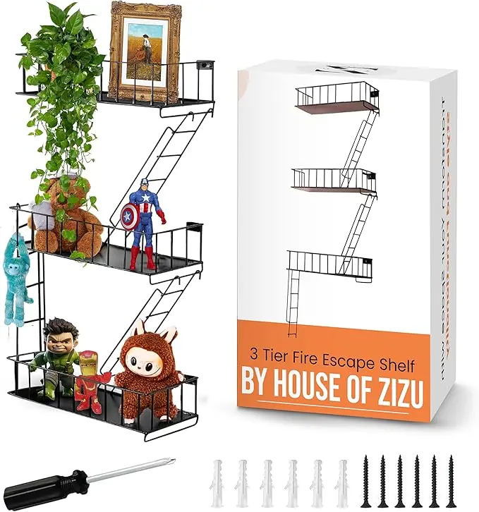 HouseofZizu Fire Escape Shelf, 3 Tier Action Figure Shelf with Screws & Screwdriver, New York Metal Decorative and Unique Rustic Trinket Shelves