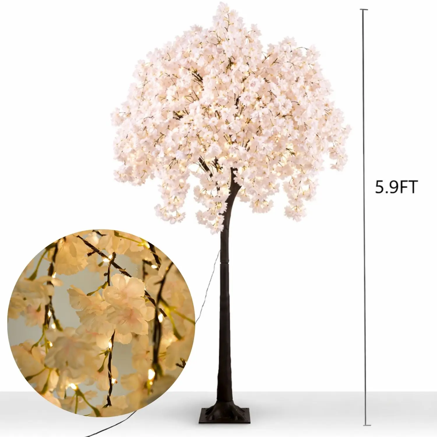 6ft Waterproof Plastic Artificial Cherry Tree with LED Fairy Lights, Decorative Faux Flower Decor, Waterproof Mood Lighting for Home Improvement, Wedding, Balcony