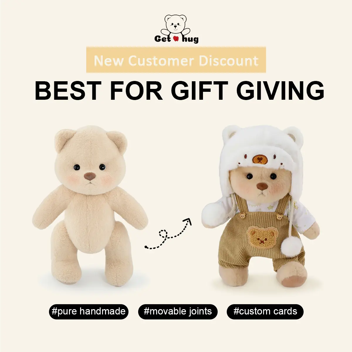 GETAHUG 7.5 Inches Durable Soft Fluffy Handmade Jointed Teddy Bear - White Mink Hat, Brown Overalls, Moveable Joints, Changeable Clothes, Personalized Adorable Design Stuffed Toy, Love Gift for Girls, Brush Lightly Maintainable, Soft Adorable Stuffed, Cut