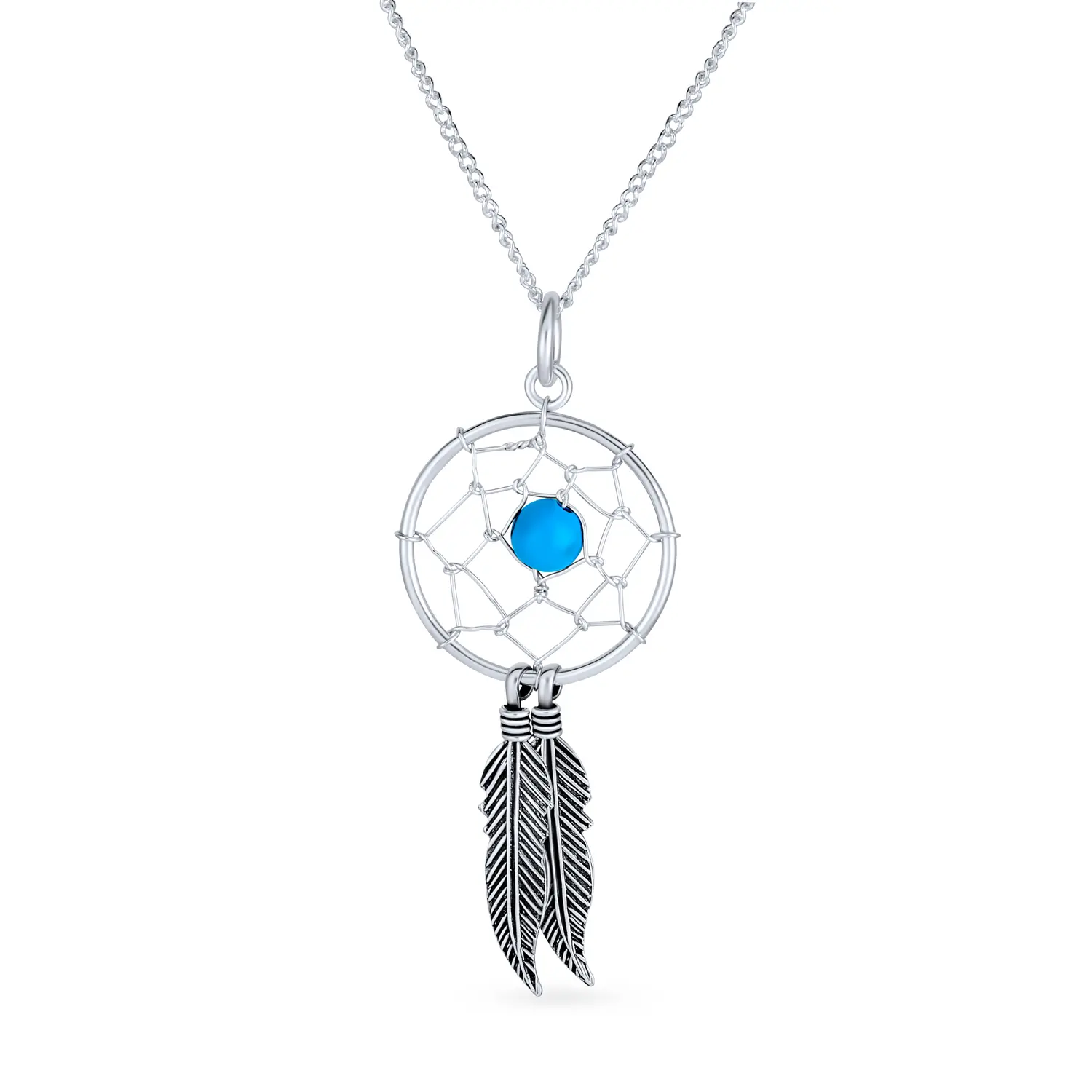 Turquoise Feathers Dream Catcher Pendant Necklace .925 Sterling Silver