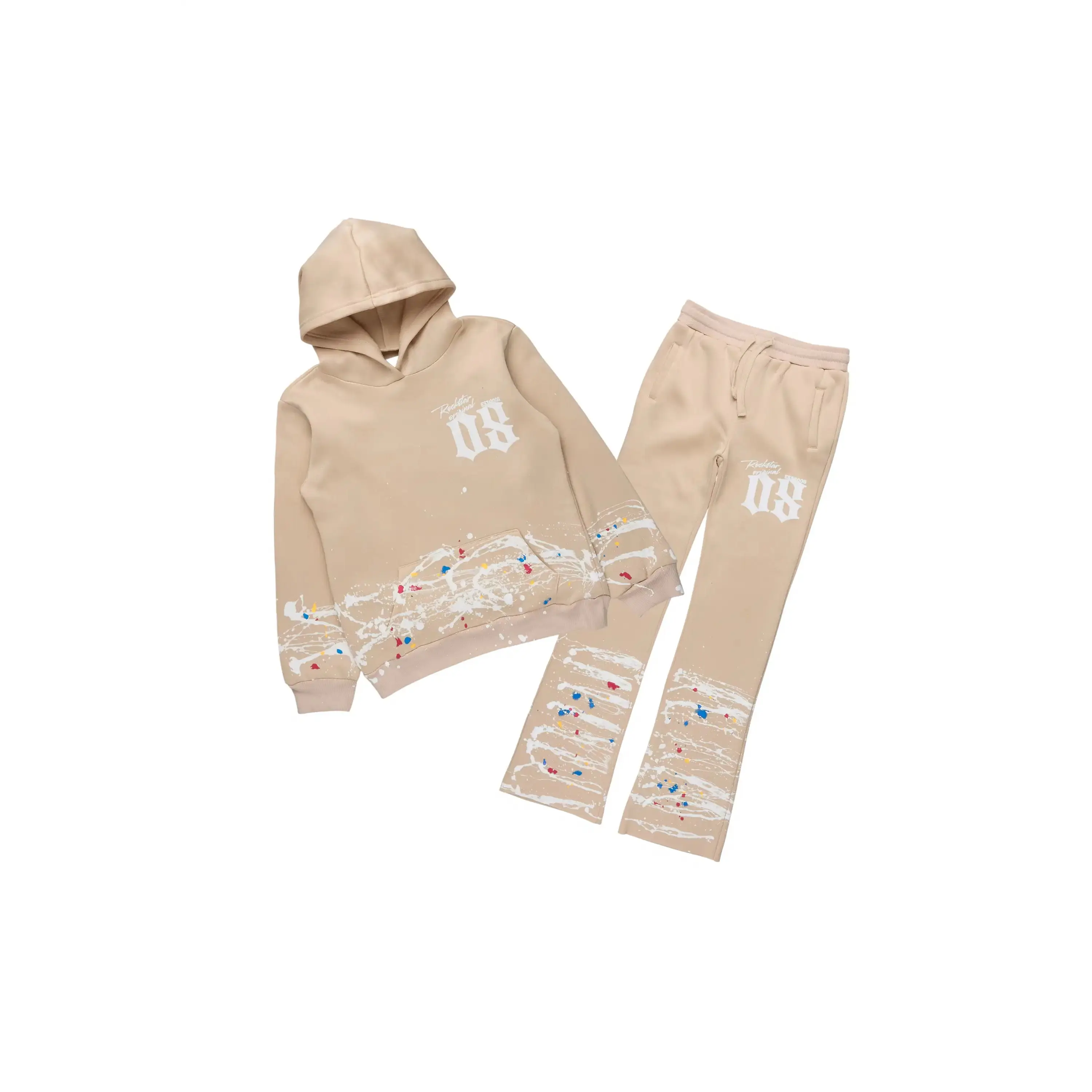 Boys Horia Beige Hoodie/Stacked Flare Track Set