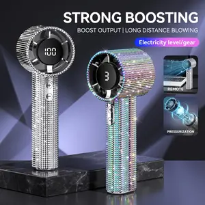 Diamond Fan Luxury Bling Portable Handheld Turbo Fan 3 Gear Wind Rechargeable Long Battery Life Hand Fan With Digital Display For Outdoor Activities Travel Office Strong Boosting Output Long Distance Blowing