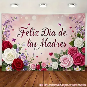 1PC,2D Flat Spanish Feliz Dia de las Madres Backdrop, Rose Flower Butterfly Heart Decor Tapestry, Background Cloth for Family Party Decoration, Photo Wall Banner for Indoor Outdoor Mother's Day Ce