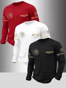 Men's Classic 3-Piece Set Letter Eagle Graphic Print Long Sleeve T-Shirt, Streetwear Casual Fitted Bottom Layer, Spring & Fall Fashion