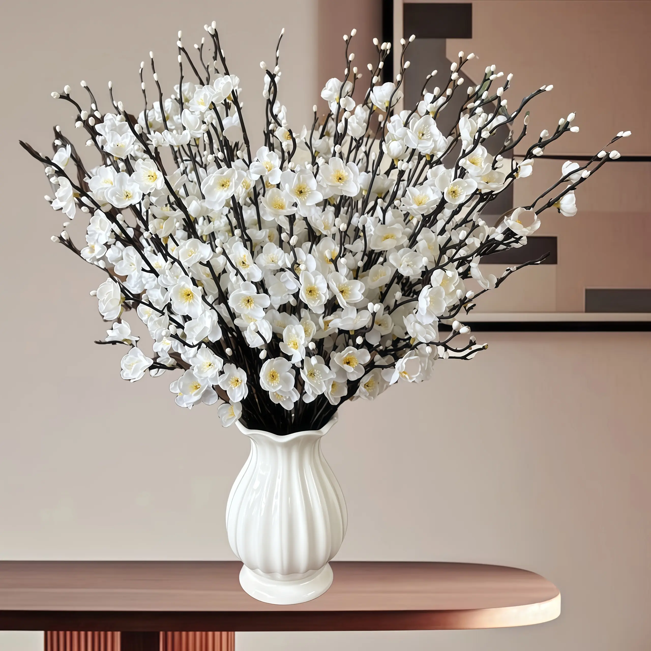10-Pack Hyperrealism Artificial White Plum Blossom Branches - Decorative Silk Floral Decor, White Elegance Vase Ornaments, Indoor-Outdoor Home Rustic Fall Holiday Arrangements