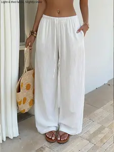 Trendy Wide-Leg Pants with Drawstring Waist Design, Breathable Lightweight Loose-Fit Summer Bottoms, Beach & Casual Wear, Comfortable Cotton-Linen Fabric