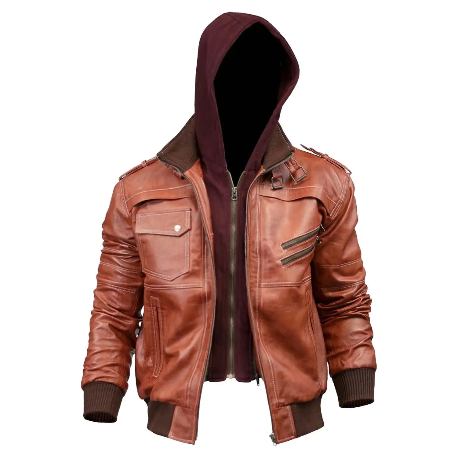 Men's Deep Red  Hoodie Bombar Tan Wax Jacket