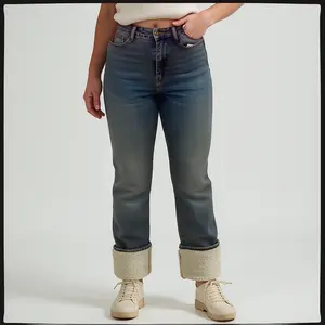 Judy Blue Jeans HW Shearling Cuff Straight Denim with Front Rise, Comfortable Fit, 0-24W Size, 35" Cuffed/UNCuffed - Cotton