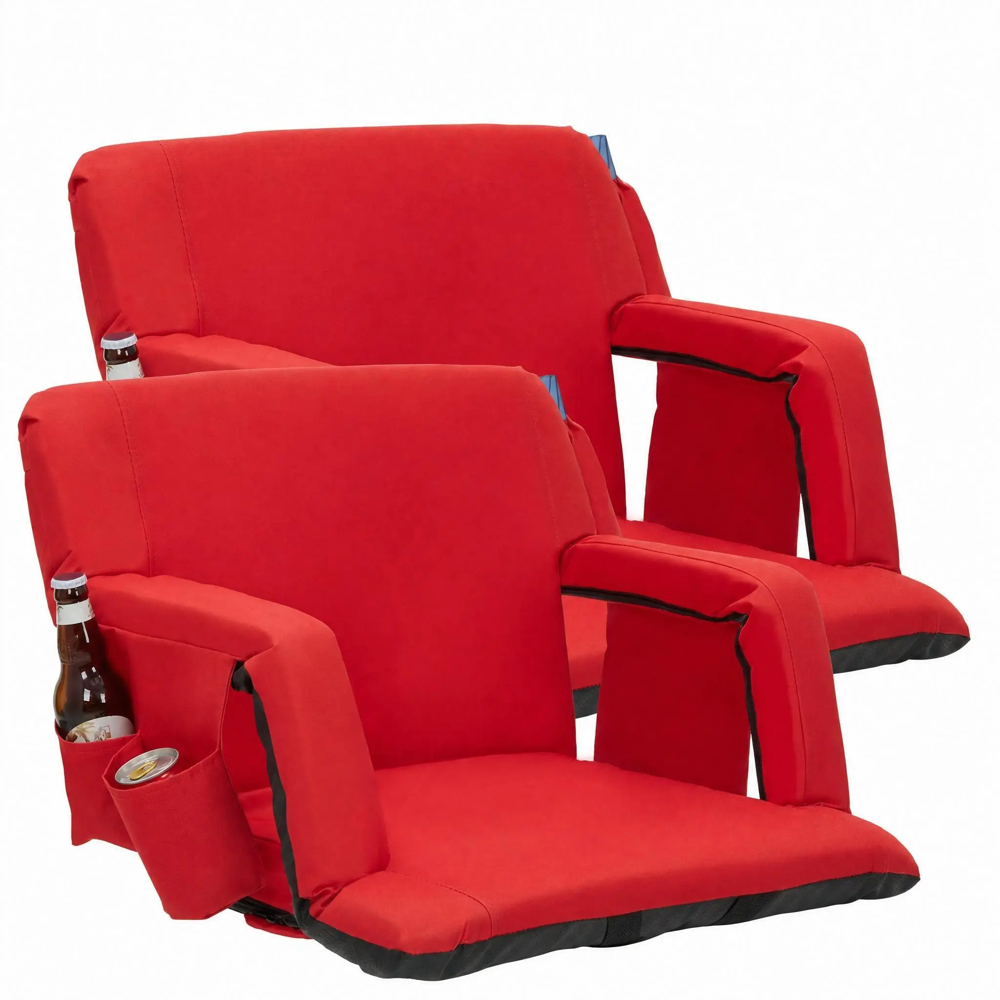 Stadium Seats with Back Support, Extra Wide Bleacher Chair for Bleachers, 6-Position Reclining Stadium Chair with Padded Cushion, Armrests, Cup Holder, Storage Pockets, Non-Slip Bottom, 2 Pack, Red