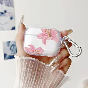 Minimalist Retro Lily Pattern Protective Case for AirPods 4/3/2/1/Pro/Pro2 Soft TPU Earphone Cover, Transparent with Keychain