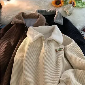 Winter Vintage Harajuku Hoodies Corduroy Polo collar sweater couple Autumn Fleece-lined simple fashion Oversized Plus Velvet Thickened Pullover Warm Casual Tops Long Sleeve streetwear vacation outfitsGift