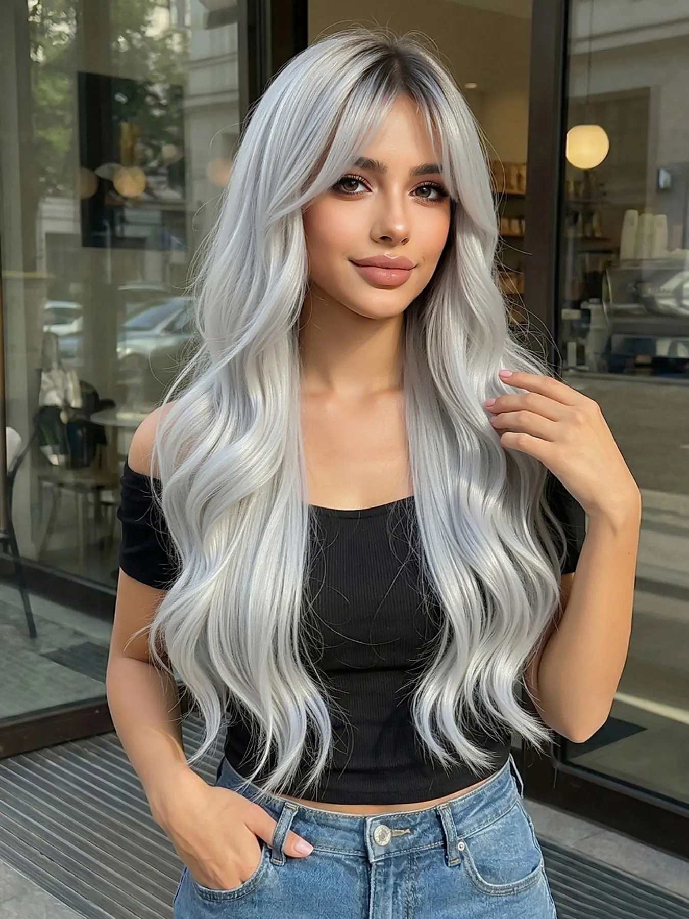 Black Root Ombre Silver Grey Long Wavy Wig | Rose Net Cap Breathable Heat Resistant Synthetic Hair Natural Looking 26inch Synthetic Machine Wigs