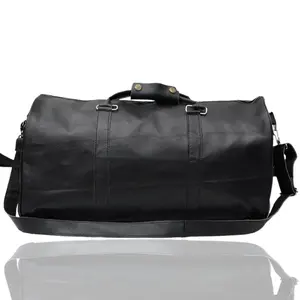 Handcrafted Black Leather Duffel Bag with Zipper Closure, Carry Handles & Adjustable Shoulder Strap