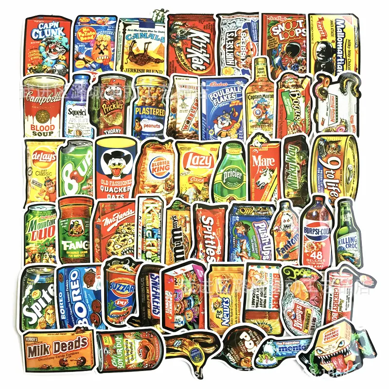 50pcs Snack Food Stickers Brand Spoof Sticker Pack Vinyl Funny Humor Decal Gift Colorful Waterproof