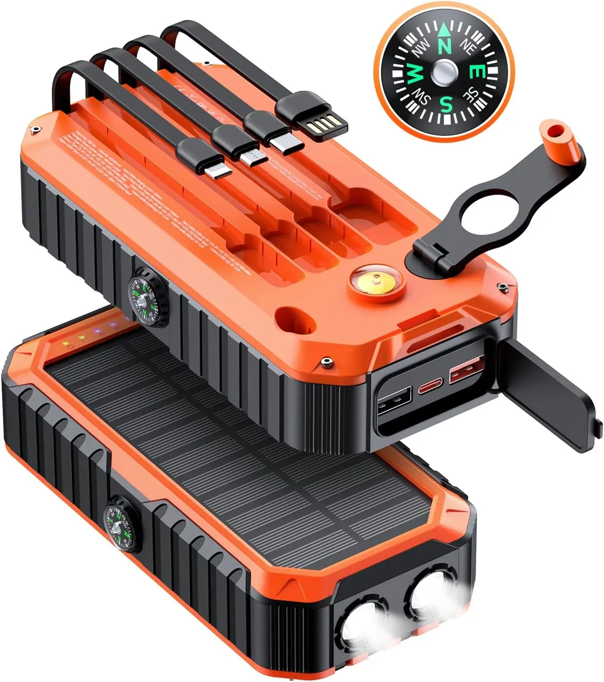 Diamuar 40000mAh Solar Power Bank - Mobile Solar Charging Battery with Hand Crank, Built-in 4 Wires, Compass, Level, PD20W Fast Charging, LED Flashlight, Outdoor Gadgets for Camping, EDC Gear On the Road, Emergency Charger
