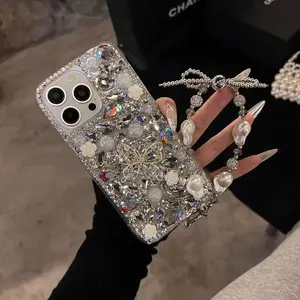 Luxury Butterfly Flower Phone Case with Pearl Chain, Anti-Drop Shockproof Protective Cover for iPhone 17/16/15/14/13 Pro Max, Elegant Design Accessories