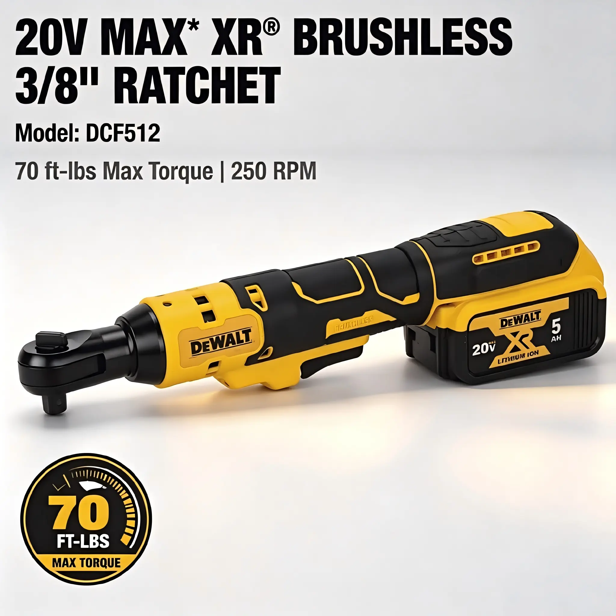DEWALT DCF512 20V Cordless Brushless Right Angle Ratchet Power Wrench, 5.0Ah Batteries Included, Variable Speed, 14.2-Inch Neck, LED Work Light, 3300 RPM, 95 NM Max Torque High Torque Hand Tool, Engine Overhaul, Brake System Maintenance, High Peak Torque