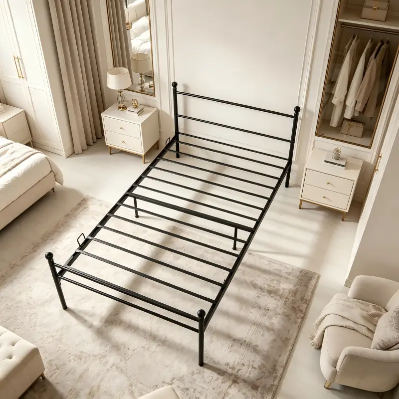 Sturdy metal single bed frame—durable and easy to assemble; bedroom furniture suitable for small apartments, rental homes, and dormitories.