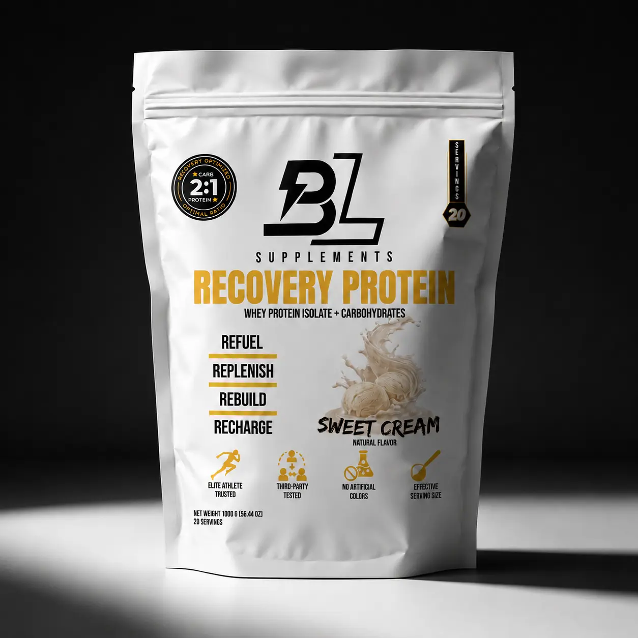 BlackLabel Recovery Protein Sweet Cream 25g Protein 47g Carbs 30 Servings Post-Workout Whey with Carbs Natural Ingredients Healthcare Dietary Supplement