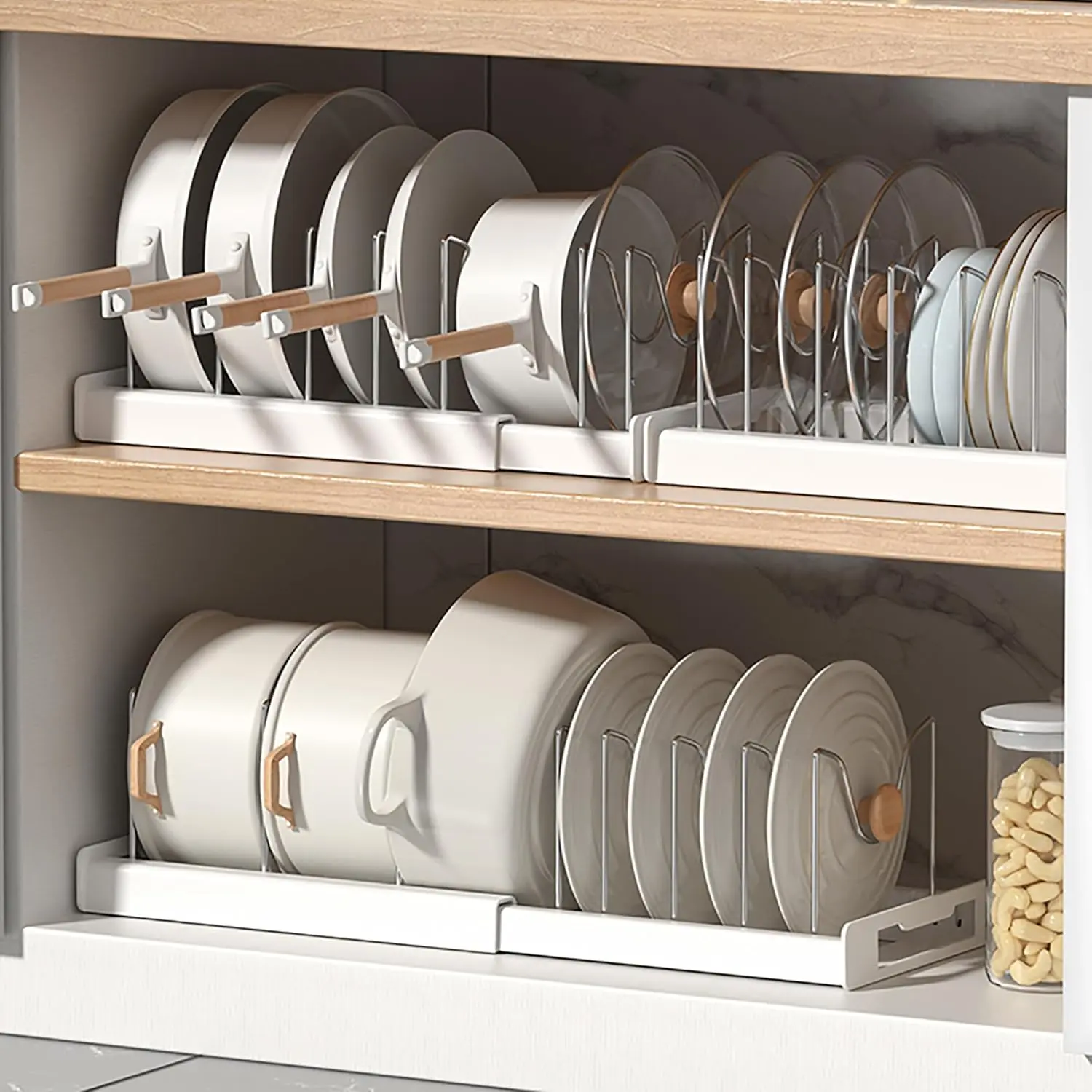 2-Pack Rectangle Expandable Pot and Pan Organizer Rack for Cabinet - 7 Stainless Steel Dividers, 30-56cm Adjustable Shelves, Heavy-Duty Rust-Resistant Storage, 7 Divider Sorting, Space Maximization for Small Kitchens, Cleaner Calmer Kitchen