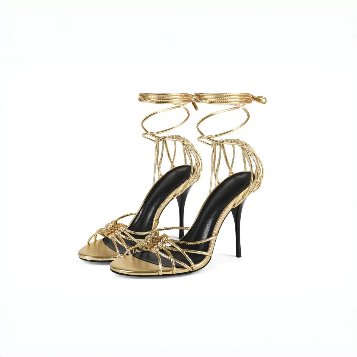 Women's Classic PU Blend Lace-Up Stiletto Heel Cocktail Sandals - Braid Rhinestone Beaded Adjustable Ankle Wrap, Slip-Resistant Breathable Low Thong, Elegant Party Footwear for Wedding, Lightweight All Season Gold Black Soot Shoes