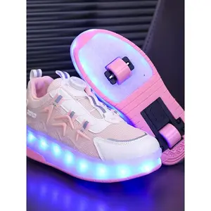 Cute Usb Rechargeable Luminous Pink Sneakers, 2024 New Style Fashionable Light Up Walking Skateboard Shoes for Boys & Girls, Casual Sports Shoes with Wheel Design for Daily Wear