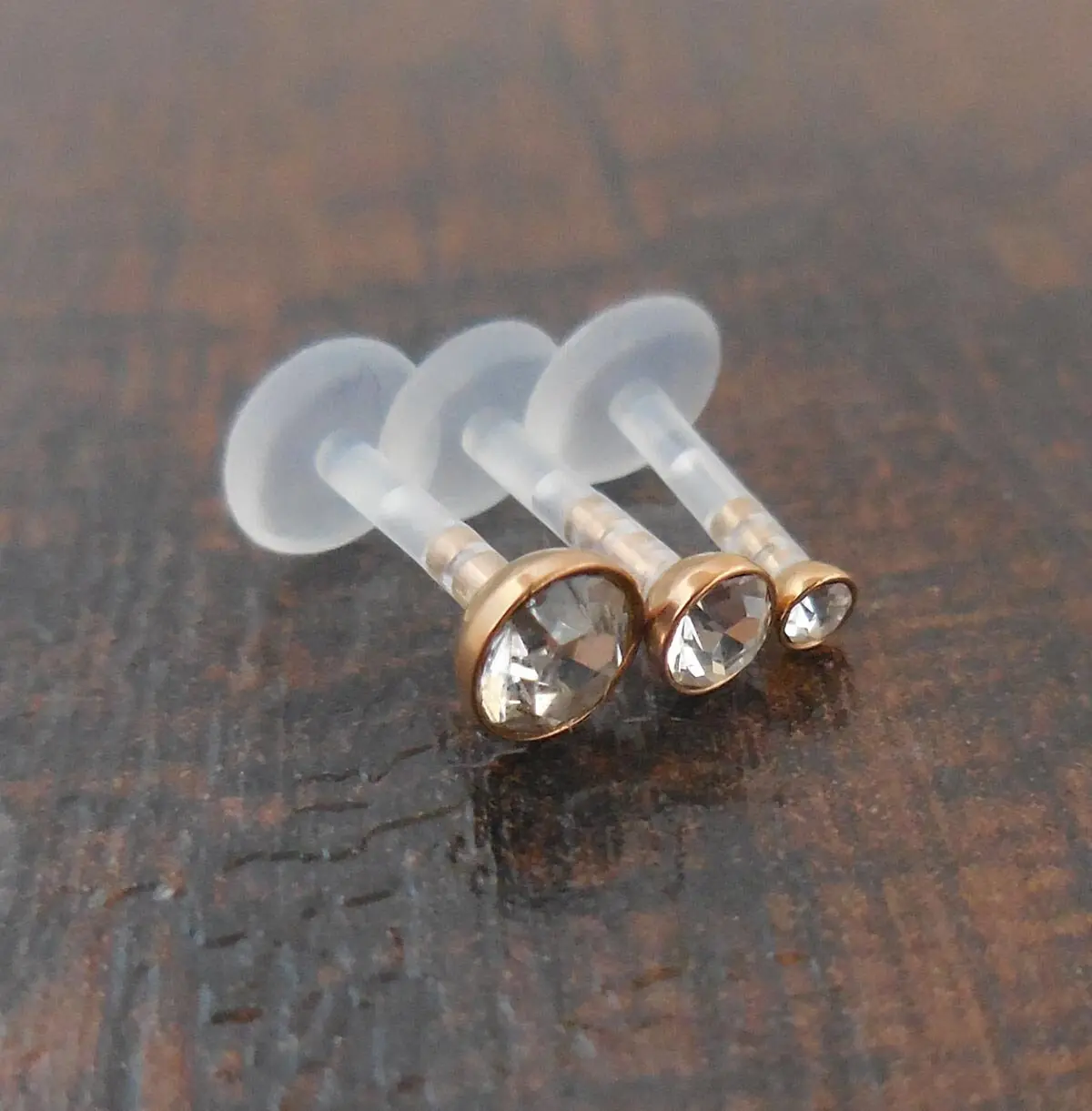16G 6mm or 8mm BioFlex BioPlast Earring Cartilage Tragus Rose Gold Tone Titanium Clear CZ Triple Forward Helix