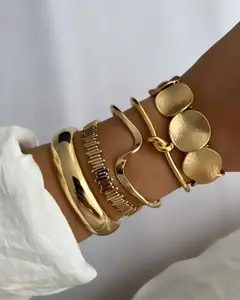 17KM 5 Pcs 14K Gold Plated Layered Knot Bangle Cuffs, Personalized Boho Chunky Bracelets Jewelry Gift Set for Women