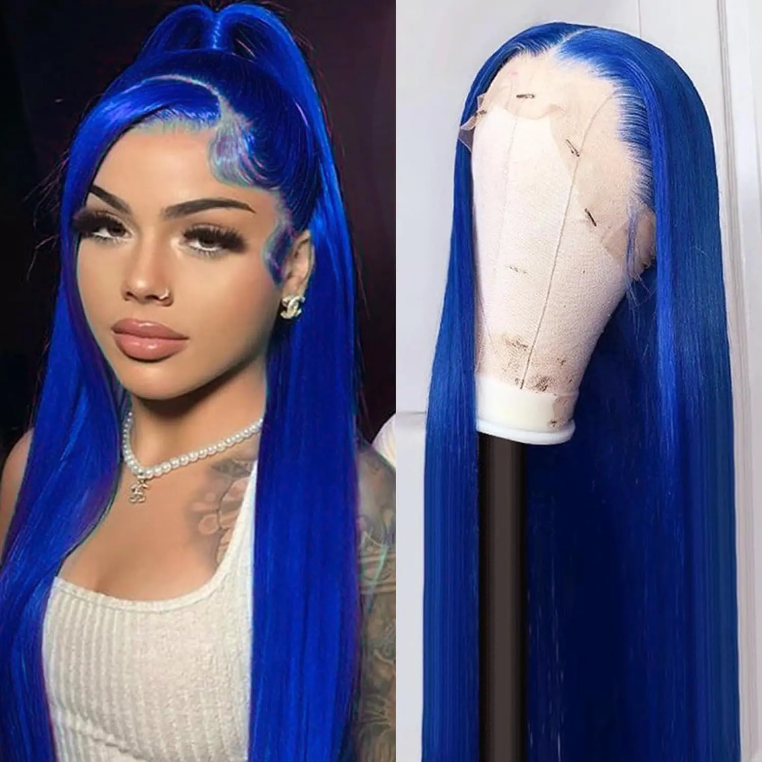 Urunik Hair Lace Front Wigs Human Hair Straight Frontal Wigs  Blue Pink 13x4 Hd Lace Front Wig Wear and Go Glueless Frontal Wigs Human Hair Pre Plucked With Baby Hair Royal Blue and Pink Colored Wigs for Women 30 Inch