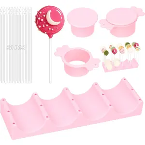 Silicone Cake Pop Mold Set, Round Cake Pop Cutter with Pusher, Tray and 50 Sticks, 15-Hole Cake Pop Holder, DIY Baking Molds Kit for Parties, Wedding, Home Desserts Making - Pink