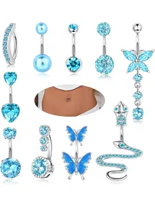 10 Pcs Belly Button Rings for Women - 316L Stainless Steel Clicker Belly Piercing Dangly Navel Rings with Blue, Pink CZ Snake, Butterfly Designs Belly Hoops
