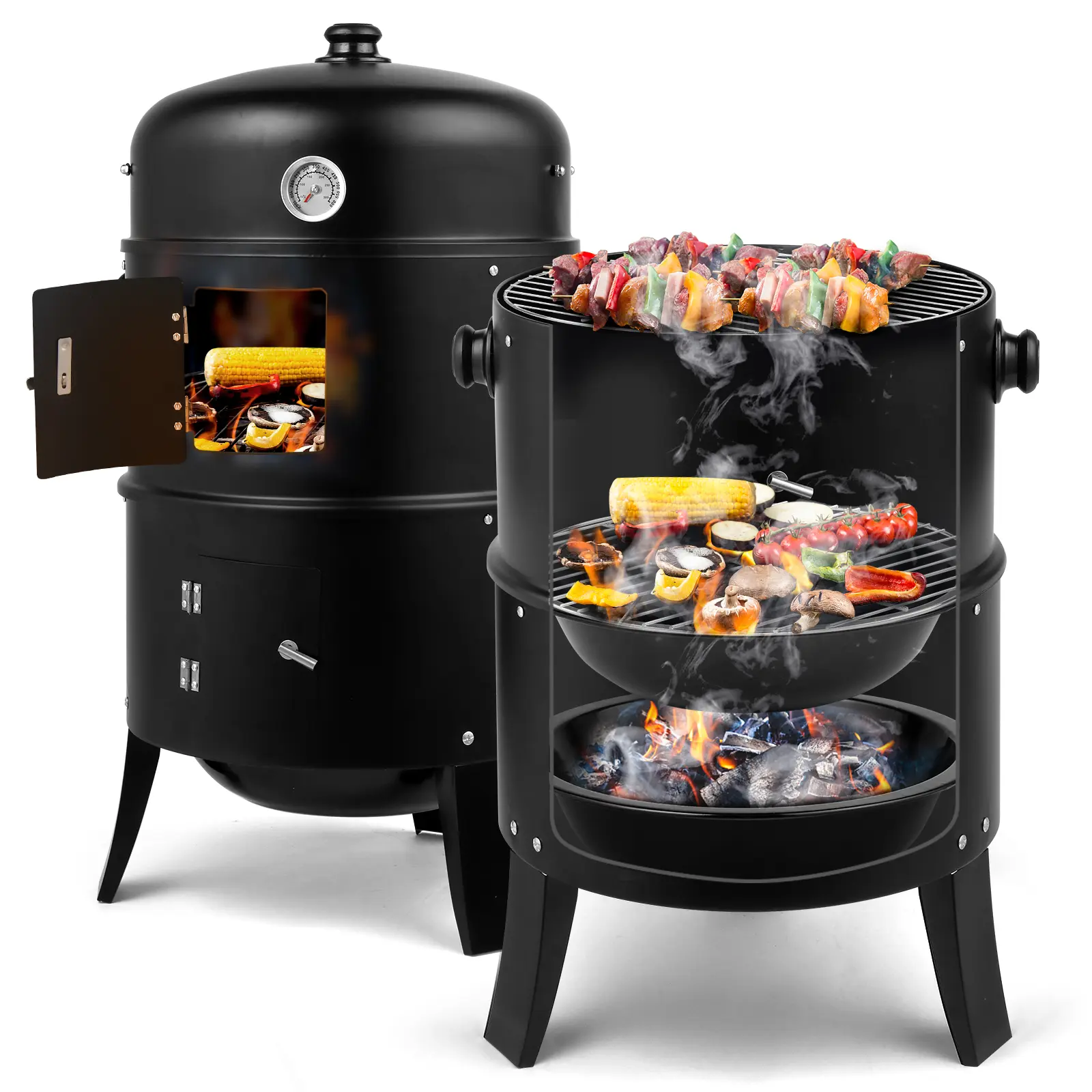 3-in-1 Vertical Steel Charcoal Smoker & Tabletop BBQ Grill - Iron Portable, Built-in Thermometer, 2 Access Doors, Air Vent for Backyard Parties, Beach Roasting