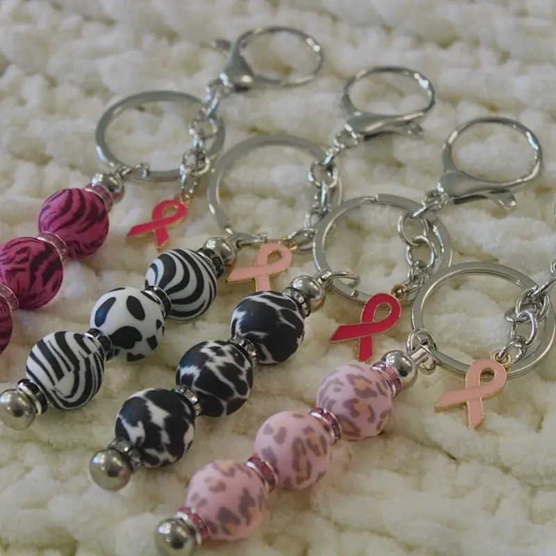 Breastie Keychains with Pink Ribbon Charms and Colorful Beads for Everyday Use Hand Made Keychains with Pink Ribbon Charms and Colorful Beads