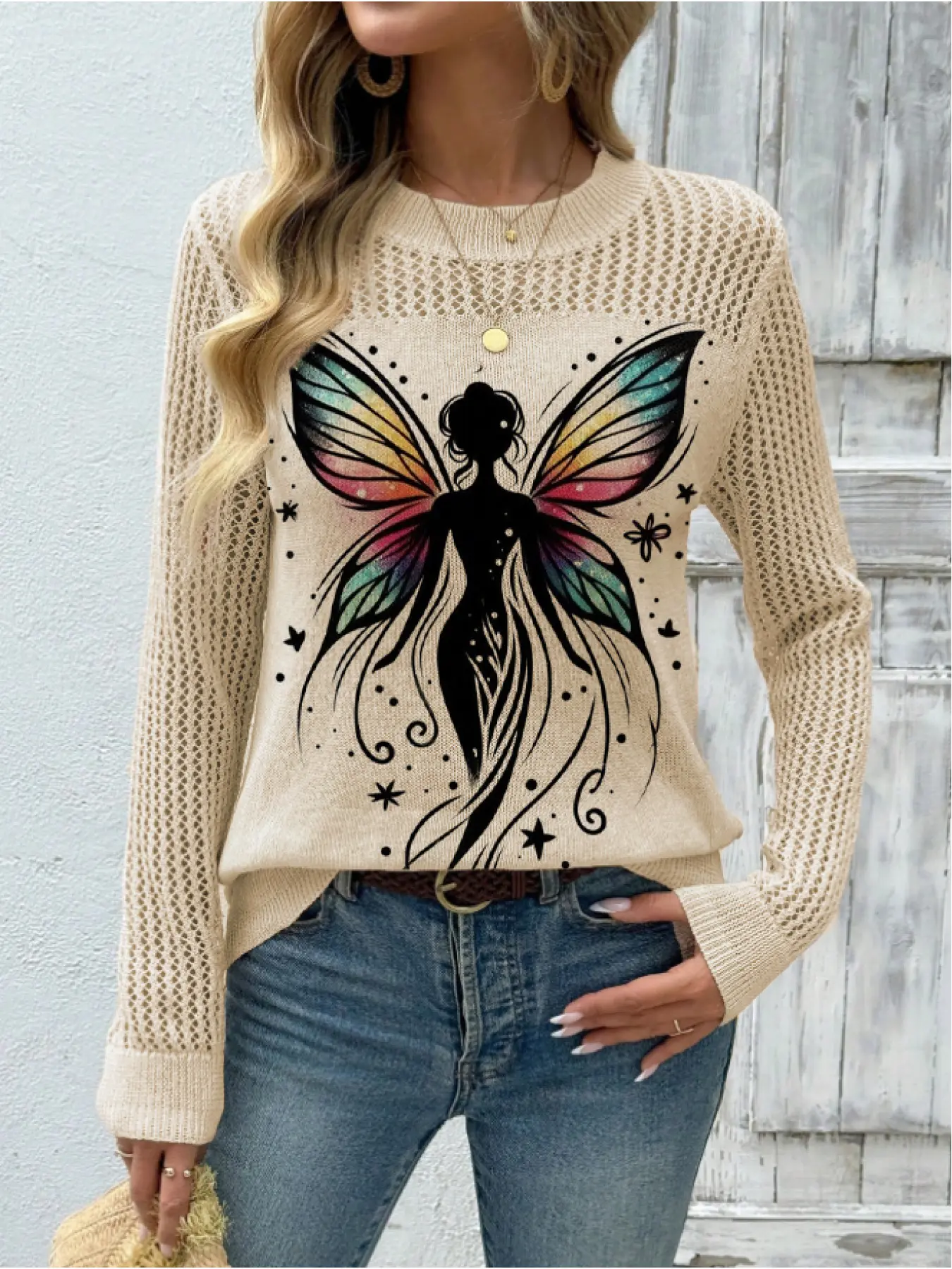 Women's Butterfly Cartoon Print Stand Collar Sweater, Fall Winter Casual Long Sleeve Knitwear, Comfortable Warm Daily Wear