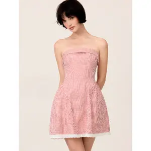 Cider Cotton-blend Gingham Bandeau Bowknot Lace Trim A-line Mini Dress