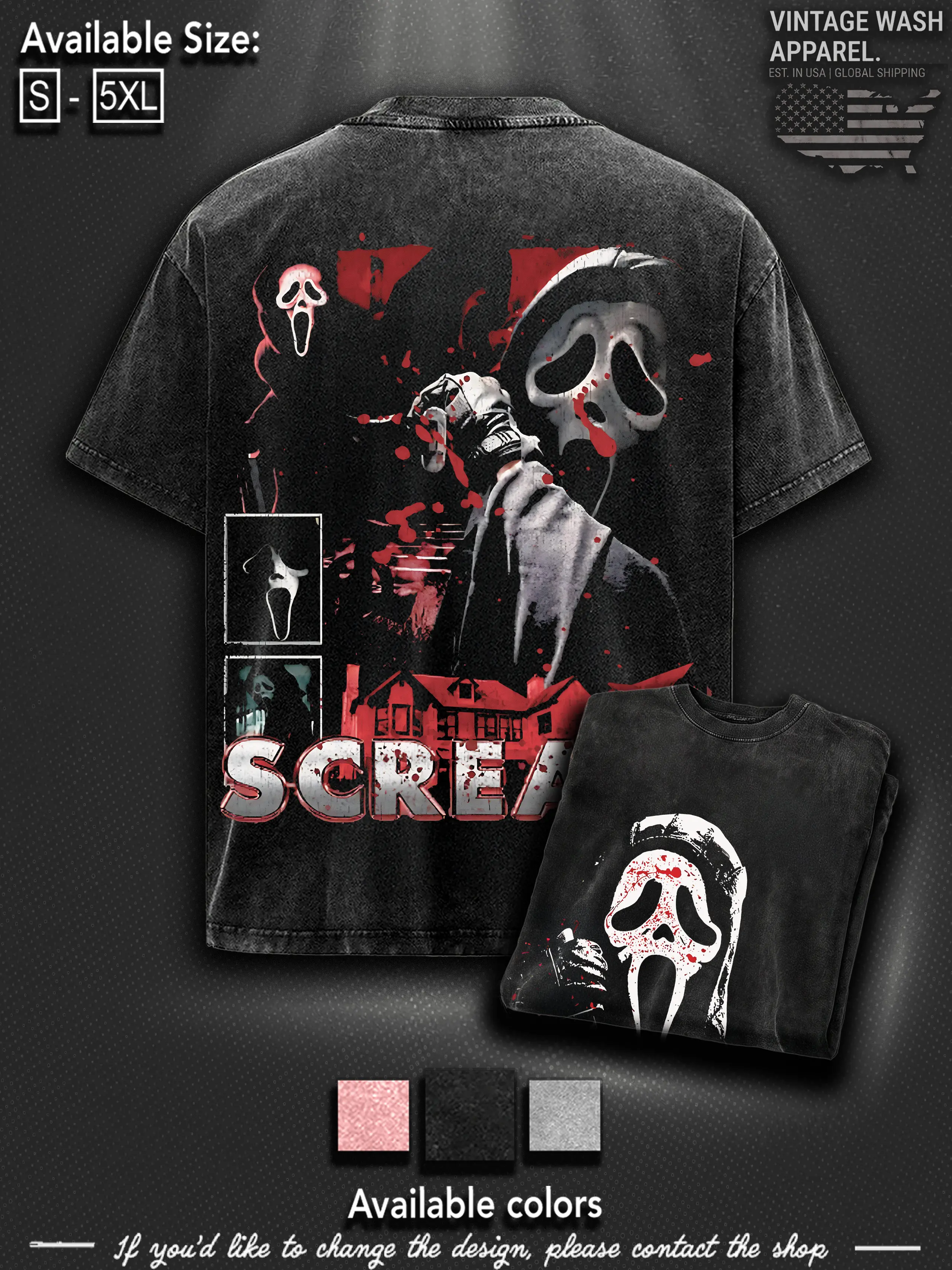 Ghost Face Scream Horror Premium Acid Wash T-Shirt, Halloween Merch Friday The 13th Merch, 80s Horror T-shirt, Slasher Movie Apparel For Fans Menswear