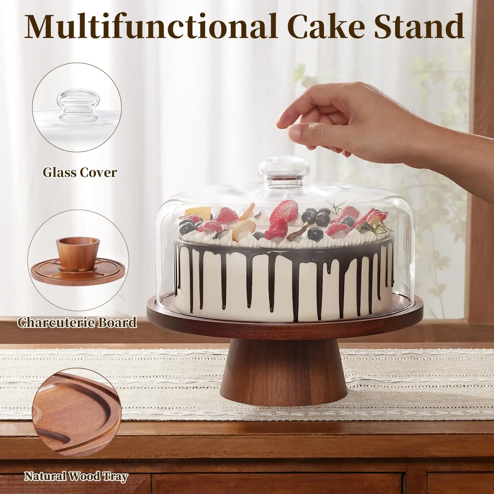 Wooden Cake Stand with Lid, Acacia Cake Stand with Glass Dome, 11-Inch Versatile Dessert Stand with Strong Magnetic Pedestal, Cake Holder for Birthday, Kitchen, Party, Charcuterie
