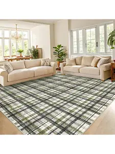 Green-8*10 feet Modern Plaid Machine Washable Area Rug Non Slip Non Shedding Throw Rugs Stain Resistant Pet Friendly For Bedroom Living Room Low Pile Ultra Thin Flodable Indoor Carpet For Dining Room Kitchen Nursery