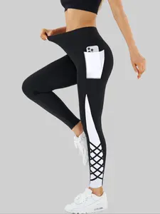 Women's Colorblock Patchwork High Waist Fitness Yoga Pants, Cross-Bound Design, Pocketed Outdoor Sports Long Pants, Casual All Seasons Wear, High Waisted Athletic, Stretchable Activewear