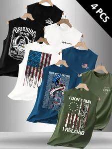 Men's 4 Pack Flag Print Round Neck Sleeveless T-Shirt, Casual Comfortable Top for Summer Outdoor Activities