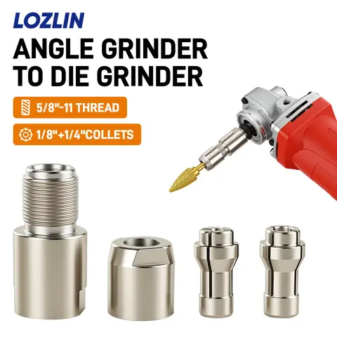 LOZLIN Strong & Durable High-Carbon Steel Angle Grinder to Straight Grinder Adapter Kit, Dual Collet Grinding Head (3MM/6MM, 1/8"/1/4"), 5/8"-11 Threaded, Versatile for Carving, Polishing, Cutting, Compatible with Standard Power Tools Hardware