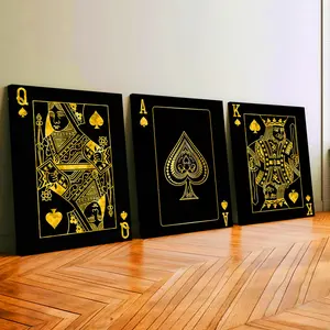 3Pcs Wooden Framed Canvas Painting, Gold Spades Playing Cards Queen King Ace Images, Exquisite Poster, Home Decoration, Pattern Wall Art Decor, For Living Room, Bedroom, Office, Restaurant, Bar Wall Decor, Waterproof, Odorless, Painting, Print Artwork.