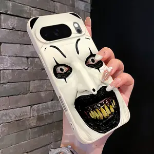 Rounded Edge Phone Case for Google Pixel 10 9 XL 8 7 Pro A  Eerie Clown Mask Pattern Shockproof Liquid Silicone TPU Bumper Drop Protection Cover Smartphone Casing