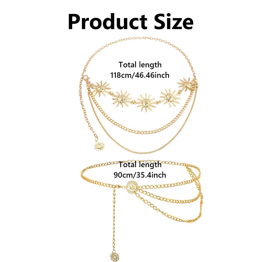 2pcs Retro Waist Chain Belt, Multilayer Sun Chain Belt for Women, Metal Waist Chain Dress Belts, Suitable for Birthday Gifts, Party