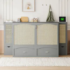 queen sized bunk beds Queen Size Murphy Bed Wall Bed with Drawer and Rattan Decoration with 2 Storage Cabinets, One set of Sockets & USB Ports, Pulley Structure Design, Gray