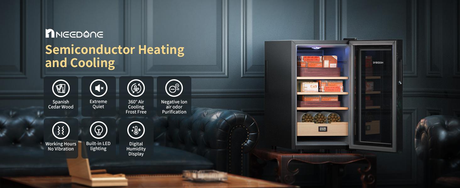 Electric Cigar Humidor Cabinet (16L,23L,26L,48L Options) - Silent Thermostatic Heating & Cooling Control, 350-Count Capacity, Digital Hygrometer, Spanish Cedar Wood, Touch Sensor, LED Light, 4-Season Applicable Humidity Management, Men's Gift, Four-Season