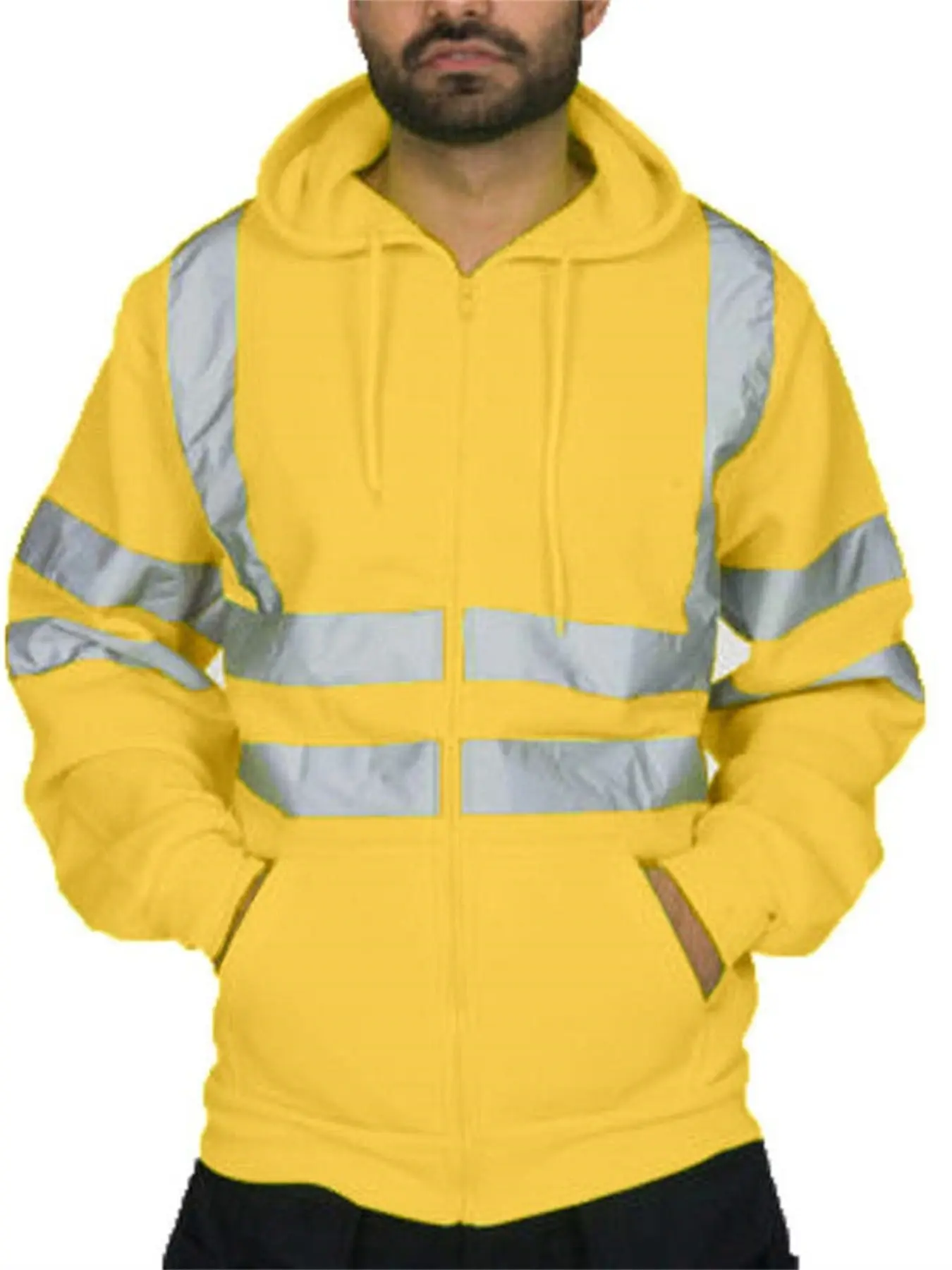 Men's Fall Winter Jacket Coat, Heavyweight Hooded Reflective Strips Zipper Pockets, Outdoor Windproof, Night Reflective Strip